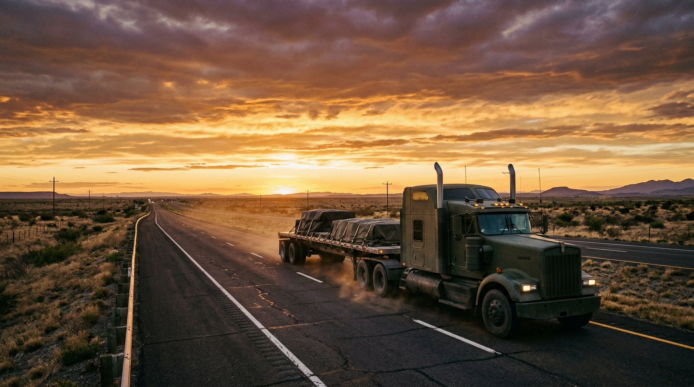 Freight trucks on highway at sunset